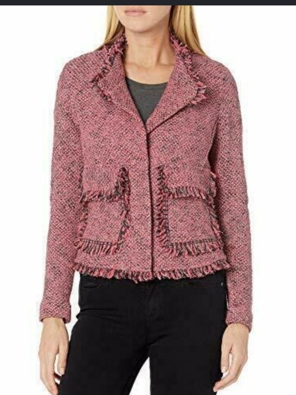 Nic + Zoe Pink Favorite Fringe Metallic Sparkle Woven Tweed Bohemian Blazer L